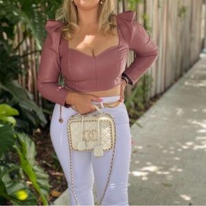 Zara Faux Leather Mauve Pink Quilted Scrunch Long Sleeve Crop Top Size Medium